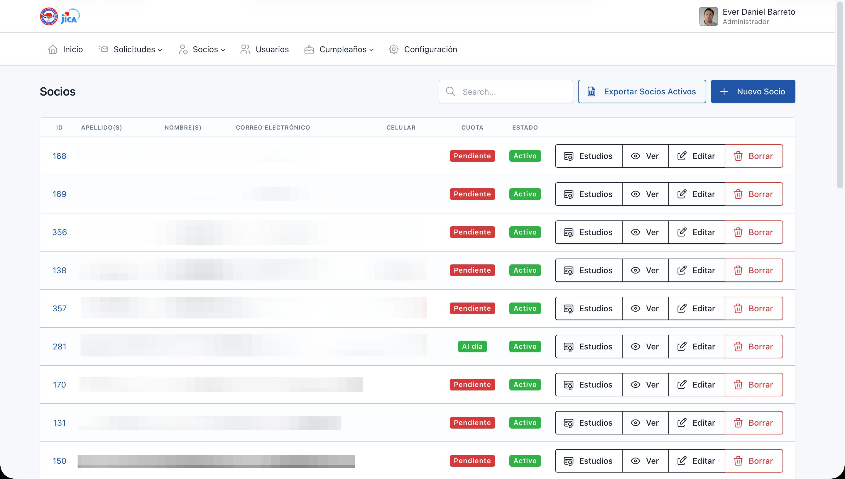 The member register, with dues status on every row and a one-click export of the active list.